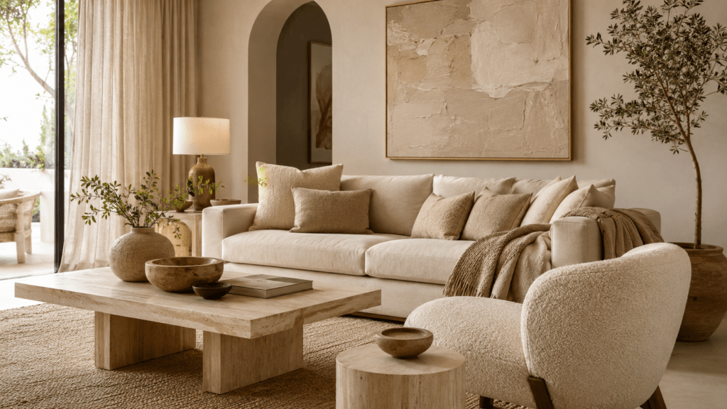 Modernes beiges Wohnzimmer mit warmen Sand, Creme und Taupe Tönen, hellem Sofa, Bouclé Sessel, Travertin Couchtisch, Leinenvorhängen und natürlicher Deko aus Keramik, Holz und Grünzweigen.