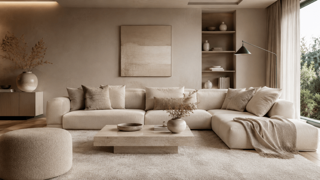 Hyperrealistisches modernes Wohnzimmer in Beige, Taupe und sanften Grautönen mit beigem Sofa, Ton in Ton Teppich, hellem Couchtisch, Kissen, Keramikvasen und dezenten Wohnaccessoires.