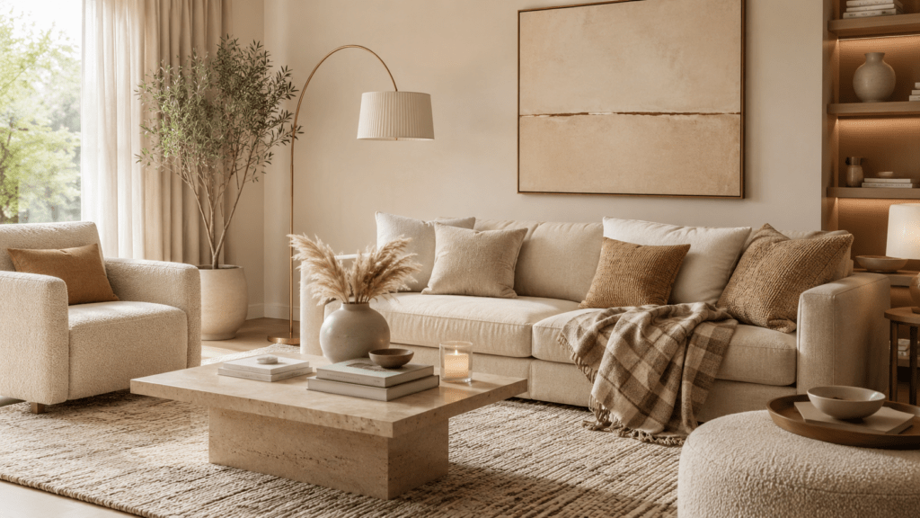 Modernes beiges Wohnzimmer mit cremefarbener Wand, sandfarbenem Sofa, strukturiertem Teppich, Kissen in Creme, Hafer, Karamell und hellem Braun sowie einer karierten Decke für sanfte Ton in Ton Abstufungen.