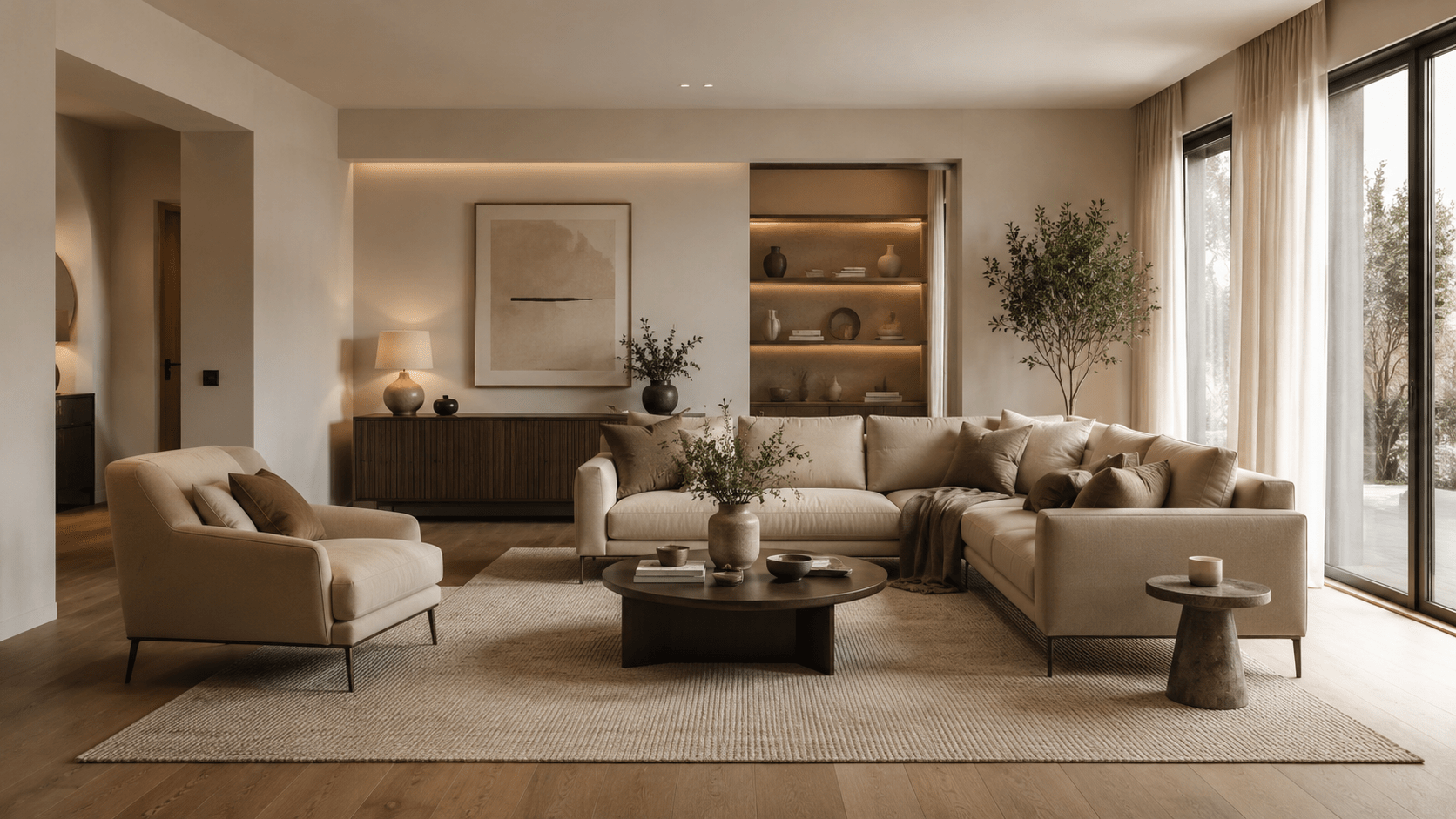 Modernes beiges Wohnzimmer mit Sofa, Sessel und Couchtisch, die leicht von den Wänden abgerückt sind und auf einem großen Teppich eine gemütliche Sitzinsel bilden.