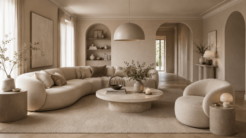 Modernes beiges Wohnzimmer mit runden Formen, geschwungenem Sofa, rundem Stein Couchtisch, weichem Bouclé Sessel, gebogener Pendelleuchte und ruhiger Deko in Creme, Sand und Taupe.