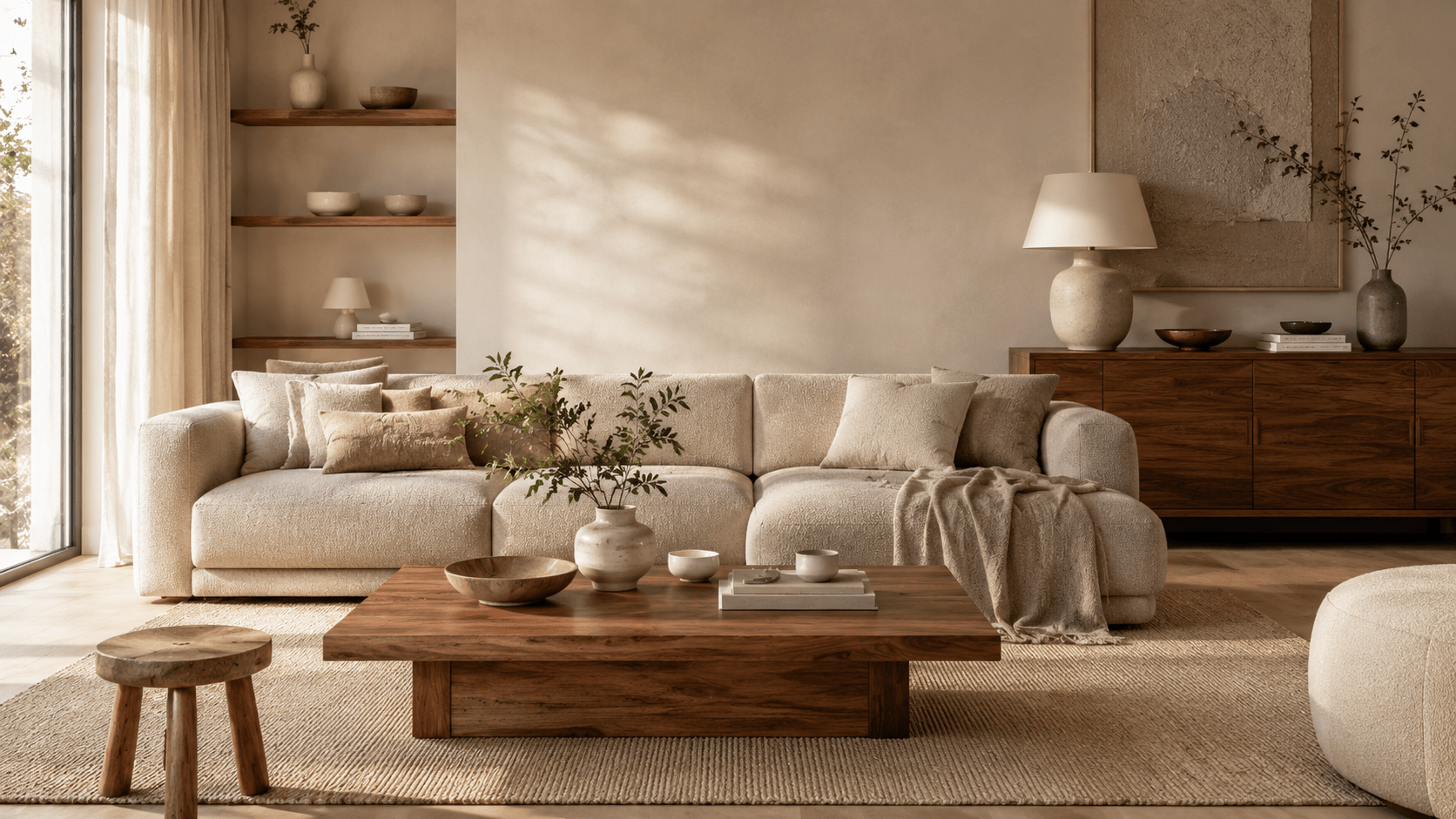 Modernes beiges Wohnzimmer mit hellem Sofa, warmem Holzcouchtisch, Nussbaum Sideboard, kleinem Massivholz Hocker, neutralem Teppich, Keramikdeko und weichen Textilien.