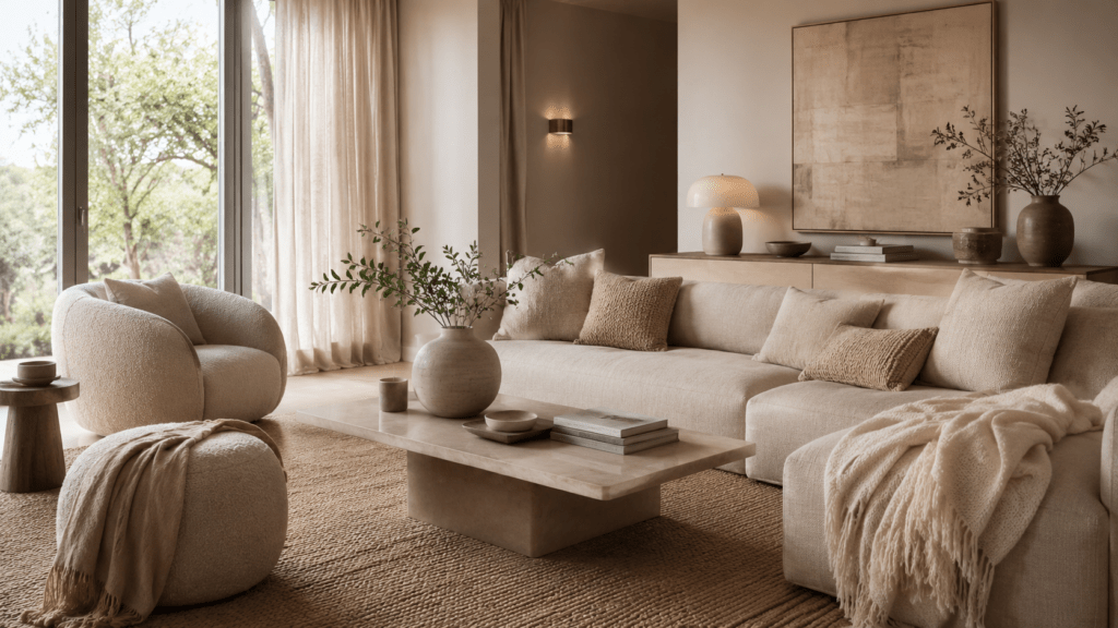 Modernes beiges Wohnzimmer mit Leinenvorhängen, Bouclé Sessel, weichem Sofa, strukturierten Kissen, Wollplaid und Naturteppich in warmen Creme und Sandtönen.