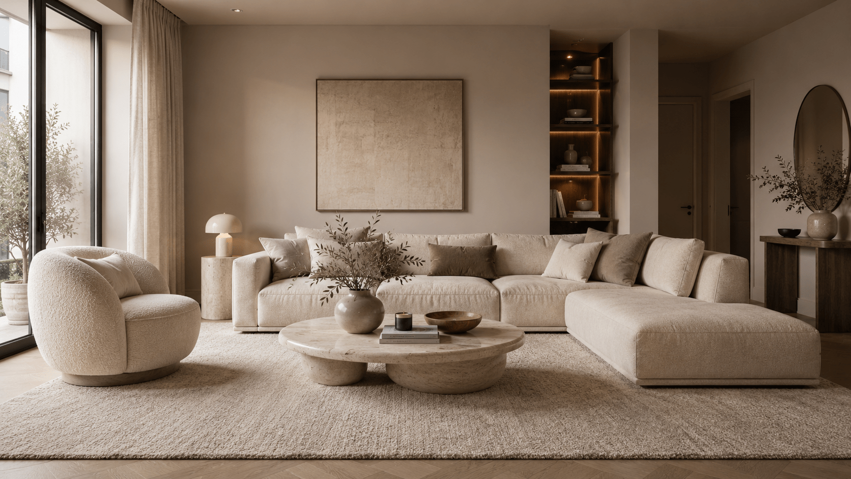 Modernes beiges Wohnzimmer mit großem strukturiertem Teppich, der Sofa, Bouclé Sessel und runden Stein Couchtisch optisch verbindet, gestaltet in warmen Creme, Sand und Taupe Tönen mit ruhiger Deko aus Keramik, Holz und Grünzweigen.