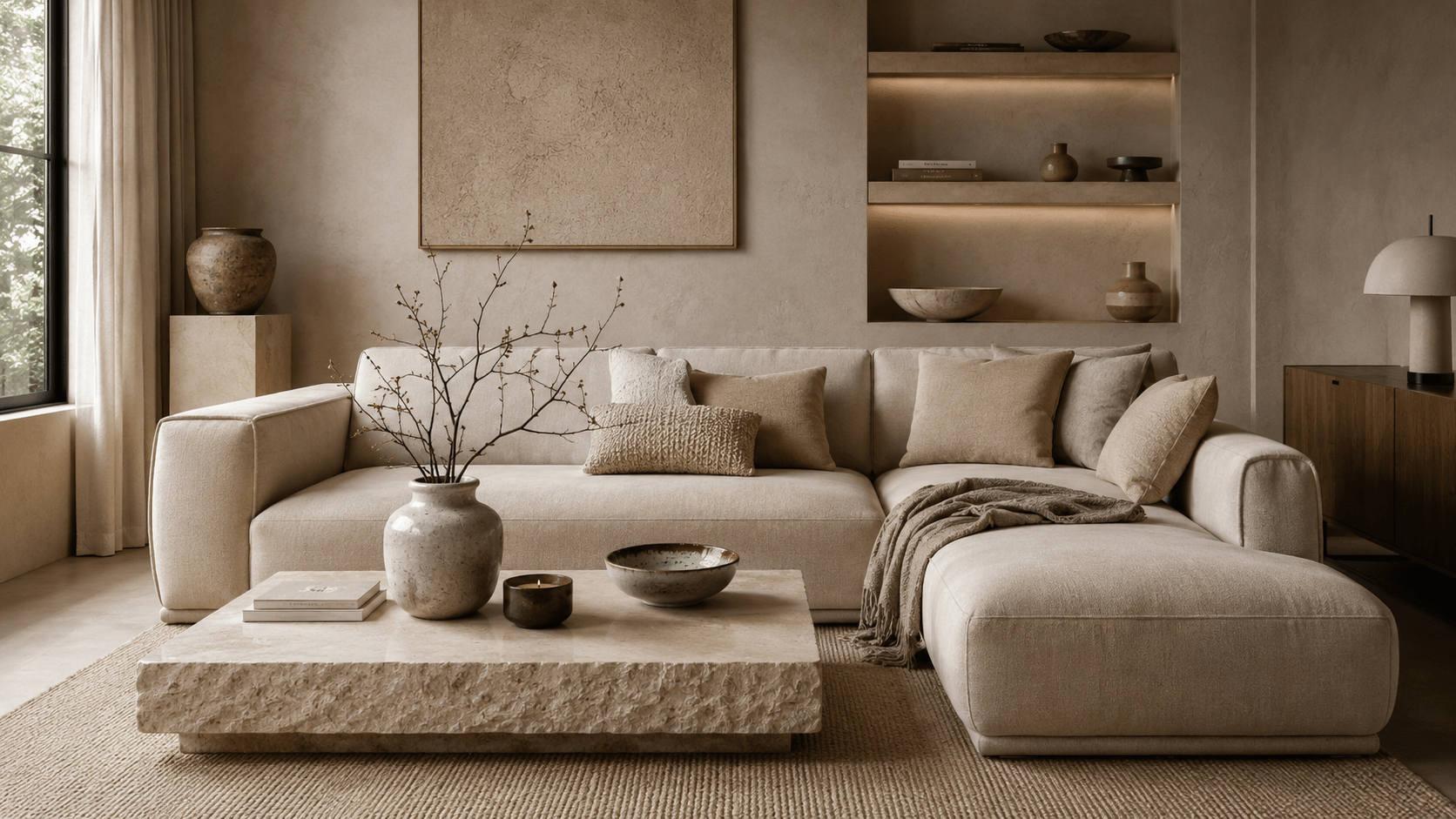 Hyperrealistisches modernes beiges Wohnzimmer mit weichem Sofa, rauem Stein Couchtisch, grober Keramikvase, matter Schale, kalkiger Wandstruktur, warmem Holzsideboard und ruhigen Ton in Ton Textilien.