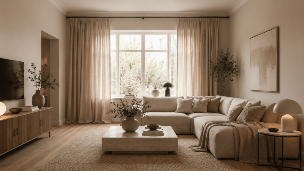 Modernes beiges Wohnzimmer mit bodenlangen Leinenvorhängen, die hoch unter der Decke und weit über das Fenster hinaus aufgehängt sind, dazu cremefarbenes Sofa, Naturteppich, Holzmöbel und warme Beige Akzente.
