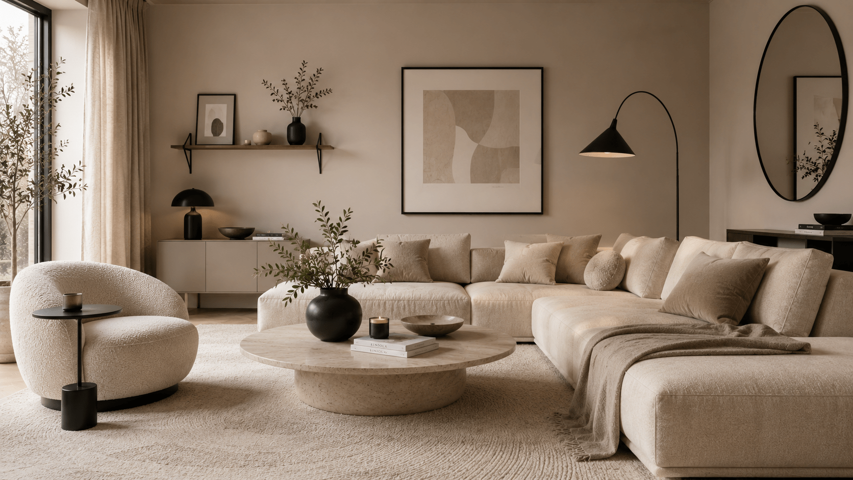 Modernes beiges Wohnzimmer mit weichem Sofa, großem Teppich und runden Steinmöbeln, sparsam akzentuiert durch schwarze Highlights wie Bilderrahmen, Stehleuchte, Beistelltisch, Spiegelrahmen und Keramikvase.