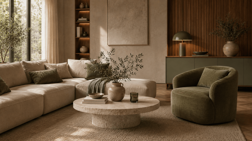 Hyperrealistisches modernes beiges Wohnzimmer mit olivgrünem Sessel, gedämpften grünen Kissen, olivfarbenem Sideboard, warmem Naturholz, rundem Stein Couchtisch, Keramikvase und ruhiger Ton in Ton Einrichtung