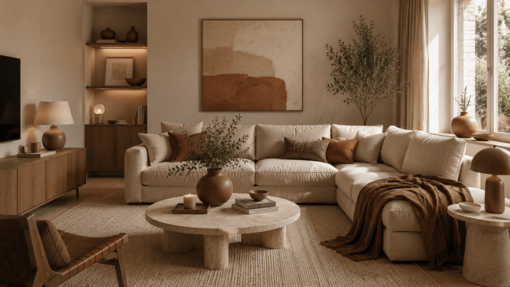 Modernes beiges Wohnzimmer mit hellem Sofa, Terrakotta Kissen, Mocha Decke, Keramikvasen in gebranntem Ton, warmem Holz und Naturteppich für eine gemütliche erdige Tiefe.