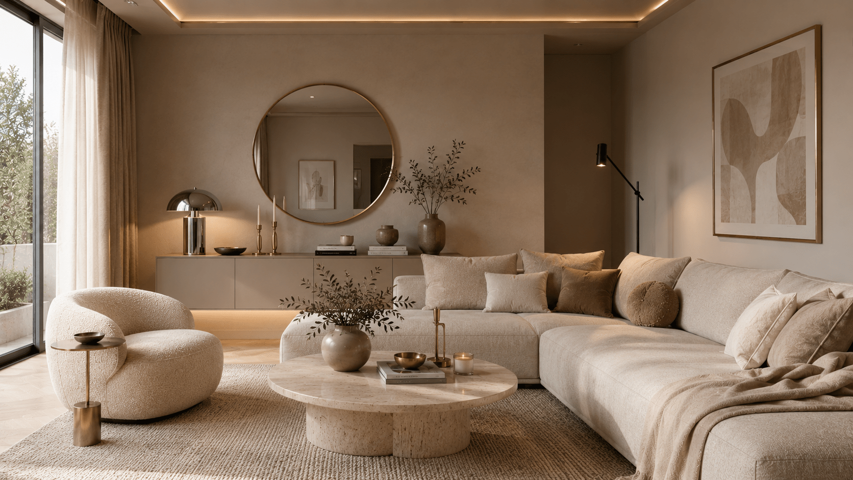 Modernes beiges Wohnzimmer mit weichem Sofa, rundem Travertin Couchtisch und dezent gemischten Metallen, darunter Messing Spiegel, Chrom Tischlampe, schwarze Stehleuchte und kleine goldene Deko Akzente.
