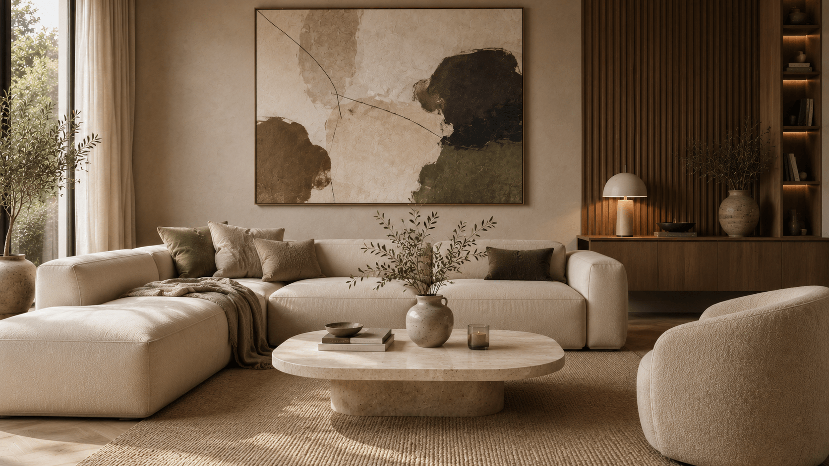 Hyperrealistisches modernes beiges Wohnzimmer mit großem abstraktem Wandbild über dem Sofa, ruhiger Kunst in Sand, Creme, Braun, Schwarz und gedämpftem Grün, weichem hellen Sofa, Naturholz, Stein Couchtisch und reduzierter Deko.