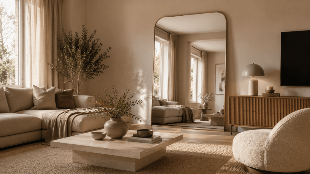 Modernes beiges Wohnzimmer mit großem abgerundetem Spiegel mit warmem Metallrahmen, der Tageslicht und die Sitzgruppe reflektiert, dazu cremefarbenes Sofa, Naturteppich, Holzmöbel, Keramikdeko und weiche Beige Töne.