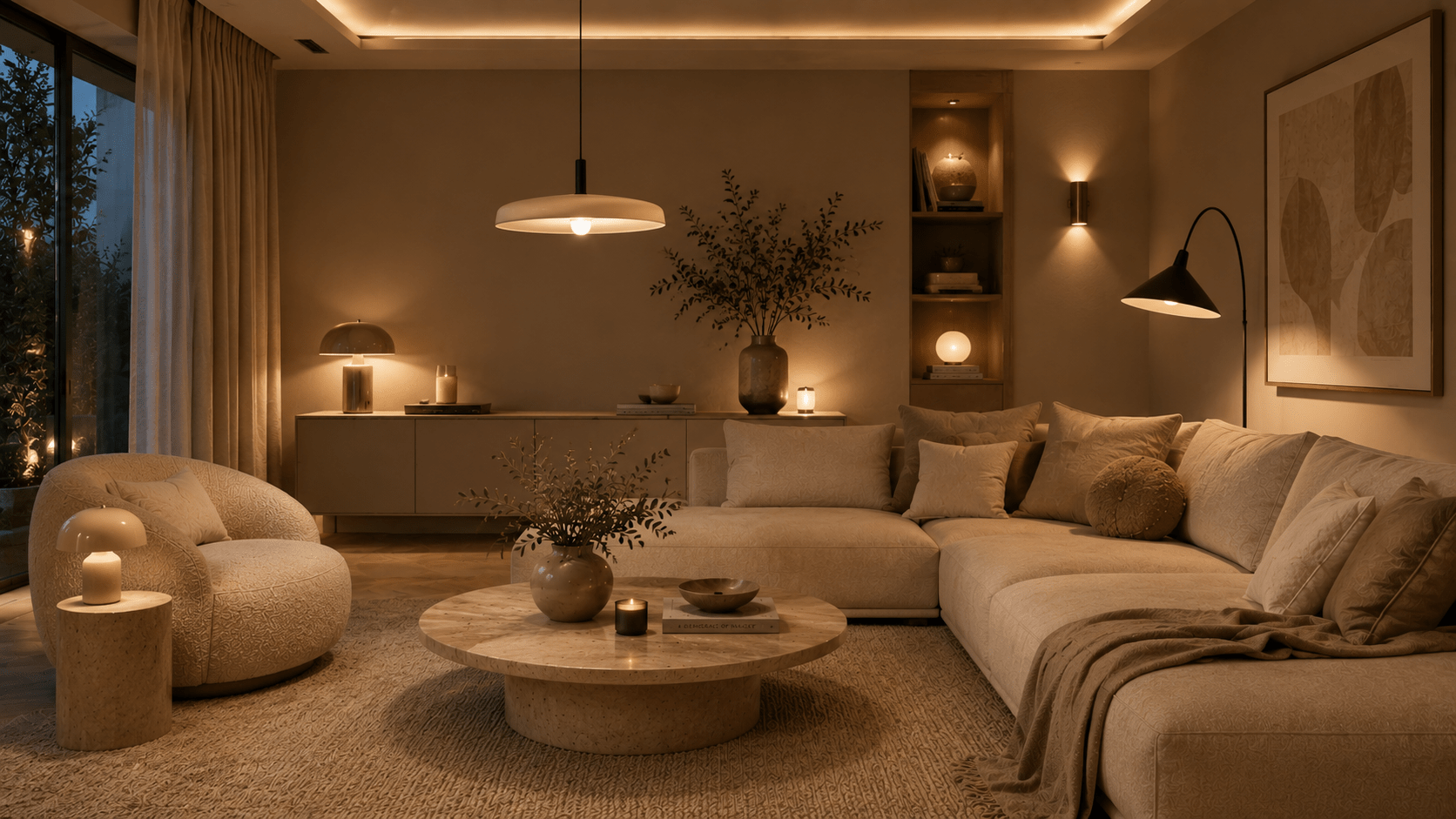 Stimmungsvolles beiges Wohnzimmer mit warmem, mehrschichtigem Lichtkonzept.