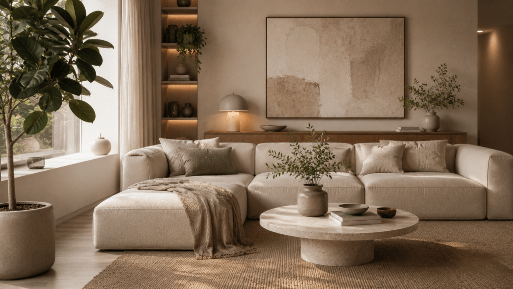 Hyperrealistisches modernes beiges Wohnzimmer mit großem Gummibaum am Fenster, beigem Sofa, olivgrünen Kissen, Keramikvase mit Zweigen, rundem Stein Couchtisch, Naturholz Sideboard und reduzierter natürlicher Dekoration.