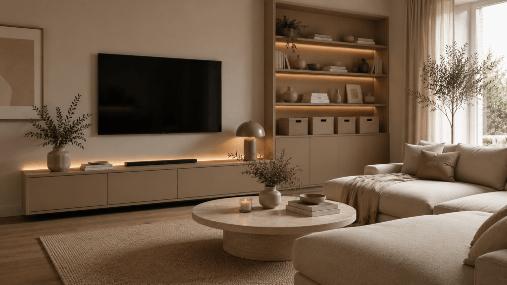 Modernes beiges Wohnzimmer mit geschlossenem Lowboard, ruhigem Regal mit Boxen, versteckten Kabeln, hellem Sofa, Naturteppich und aufgeräumtem Couchtisch für einen cleanen, modernen Look.