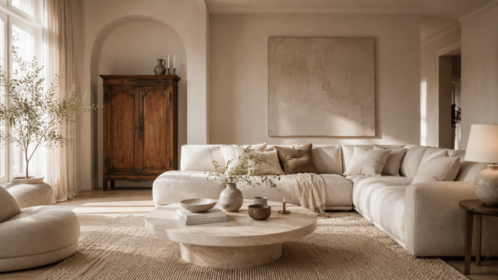 Modernes beiges Wohnzimmer mit hellem Sofa, rundem Stein Couchtisch, großem Naturteppich und einem einzelnen Vintage Holzschrank als warmer Charakter Akzent im ruhigen Creme und Sandfarben Look.