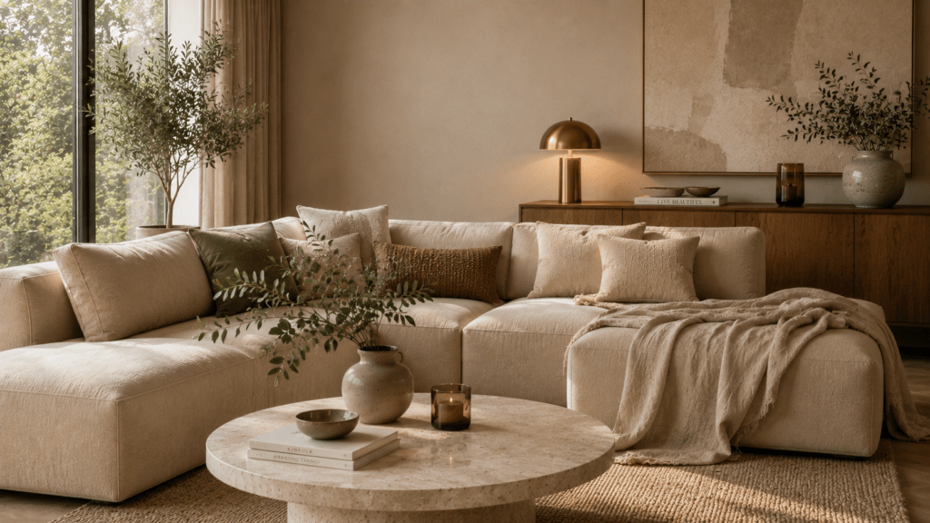 Hyperrealistisches modernes beiges Wohnzimmer mit neutraler Beige Basis, gewaschenem Leinen, olivgrünen Kissen, warmer Messinglampe, Holzsideboard, rundem Stein Couchtisch, Keramikvase und dezent austauschbaren Trend Accessoires.