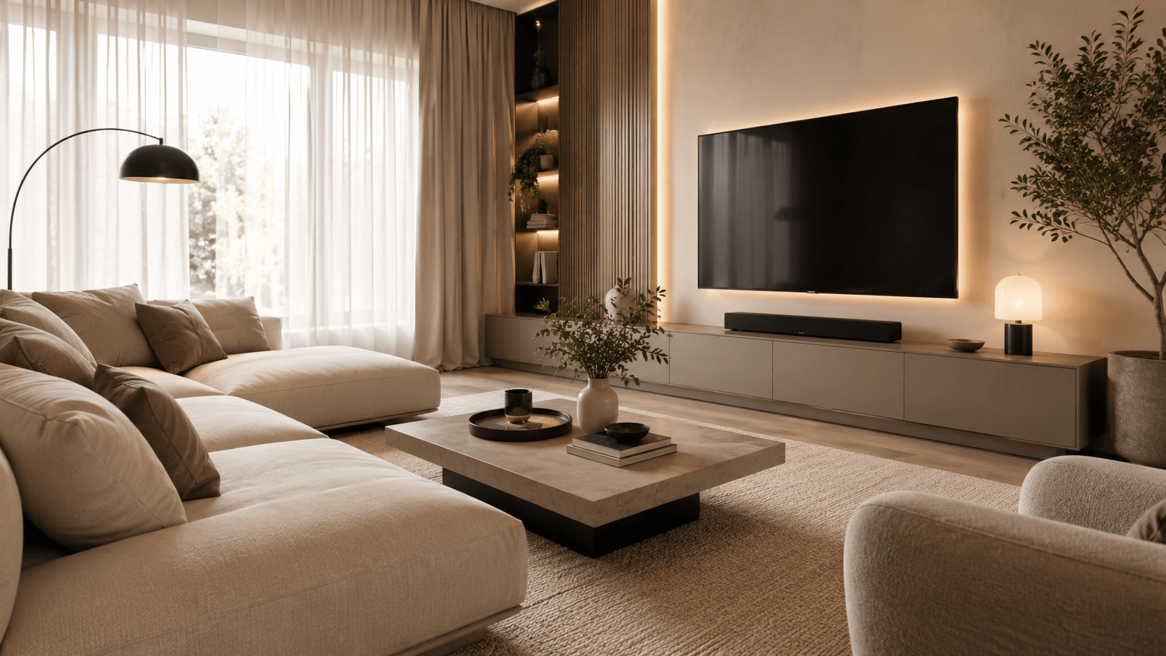 Modernes beiges Wohnzimmer mit integriertem Fernseher, sanfter Hintergrundbeleuchtung, geschlossenem Lowboard, schwarzer Bogenlampe, Soundbar und aufgeräumtem Kabelmanagement in warmen Naturtönen.