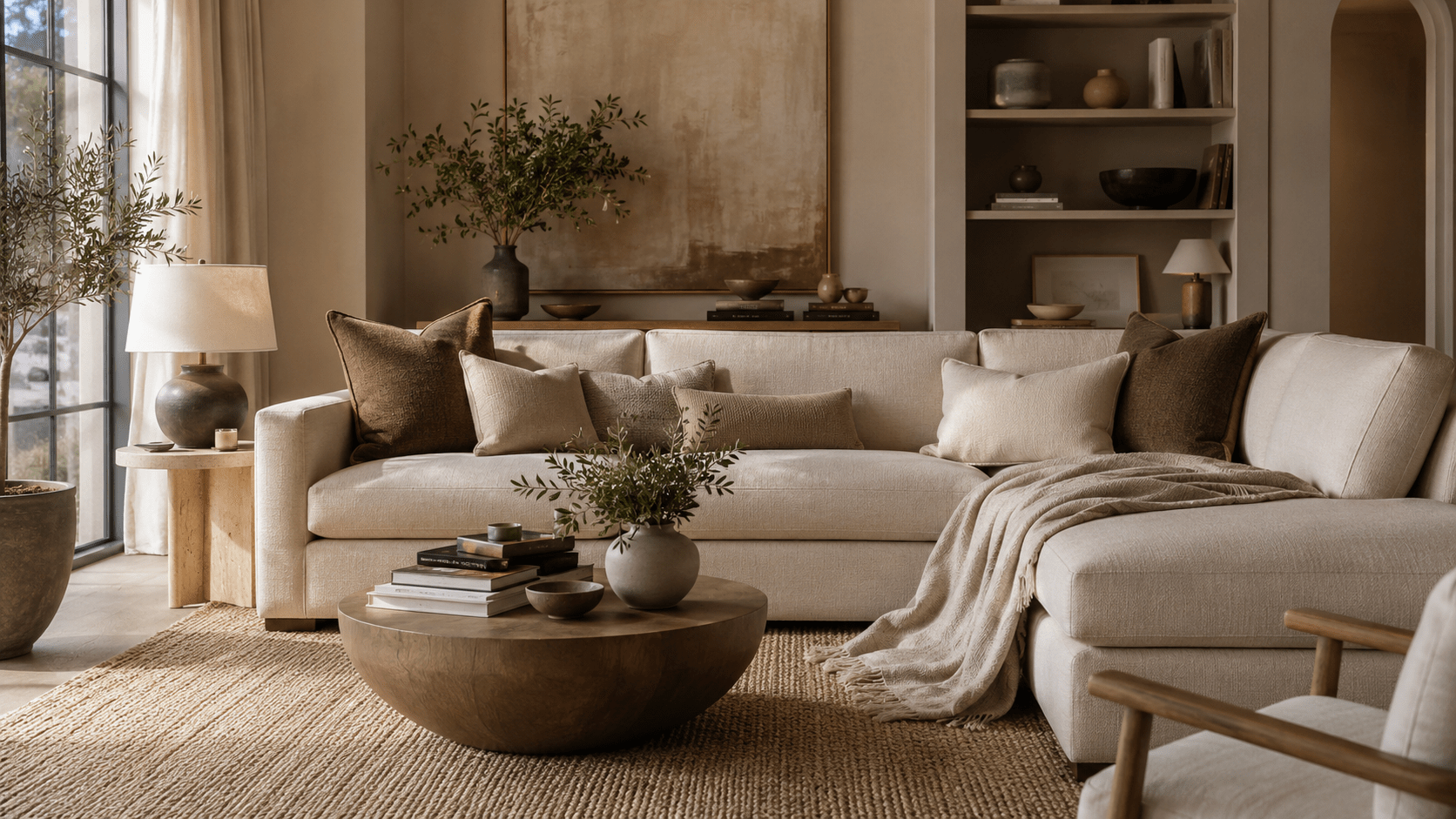 Modernes beiges Wohnzimmer mit hellem Sofa, warmen braunen Leinenkissen, weicher Decke in Naturtönen, großem Strukturteppich, rundem Holz Couchtisch und kleinen Kontrasten in Schwarz und Olive.