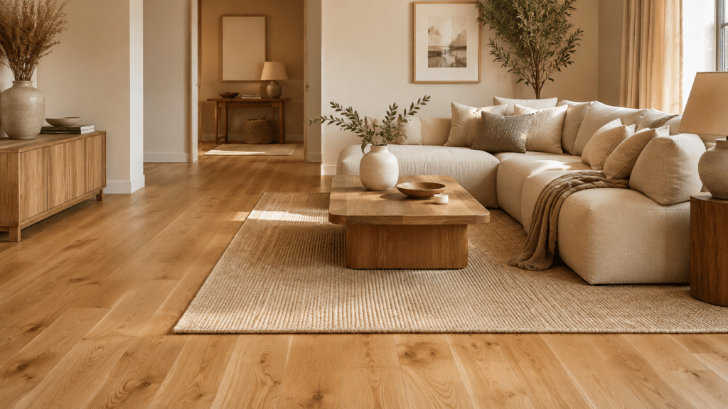 Helles Wohnzimmer in Beige mit warmem Eichenholzboden, naturfarbenem Teppich, beigem Sofa und modernen Holzmöbeln.
