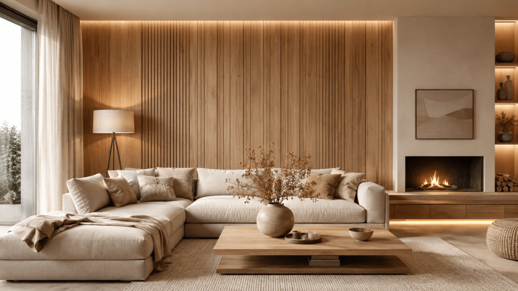 Beige-weißes Wohnzimmer mit großer Couch vor einer warmen Akzentwand aus hellen Holzpaneelen, ergänzt durch Holztisch, Naturteppich und modernen Kamin.