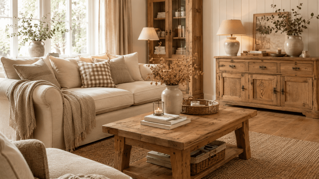 Gemütliches Wohnzimmer in Beige mit rustikalem Couchtisch und Sideboard aus Eichenholz, kariertem Kissen, Leinendecke und natürlichen Wohnaccessoires.
