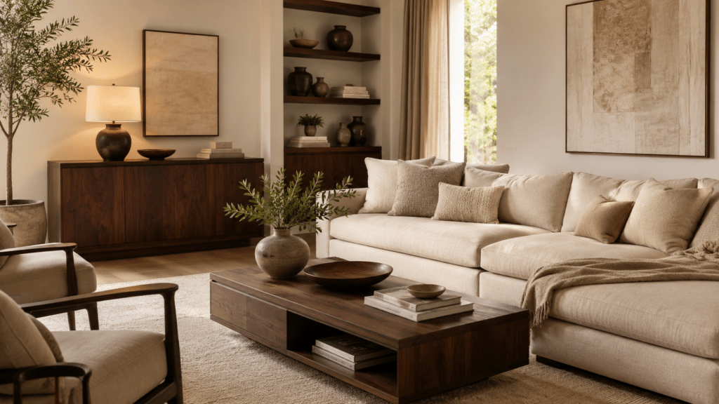 Elegantes Wohnzimmer in warmen Beige- und Cremetönen mit großem beigem Sofa, cremefarbenem Teppich und markanten Möbeln aus dunklem Holz wie Couchtisch, Sideboard und Regalen, ergänzt durch dezente Deko, Kissen und Pflanzen.
