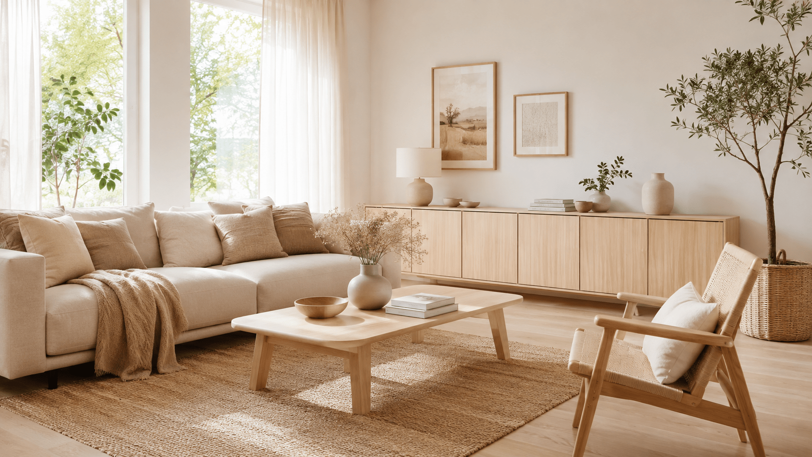 Helles skandinavisches Wohnzimmer in Beige- und Naturtönen mit großem Sofa, hellem Holz-Lowboard, filigranem Holzsessel, schlichtem Couchtisch und großen Fenstern für eine luftige, ruhige Atmosphäre.
