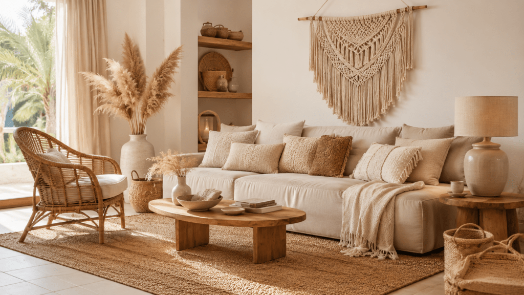 Helles boho-inspiriertes Wohnzimmer in Beige und warmen Holztönen mit cremefarbenem Sofa, Rattansessel, niedrigem Holztisch, Makramee-Wandbehang, Pampasgras, geflochtenen Körben und weichem Naturfaserteppich im Sonnenlicht.
