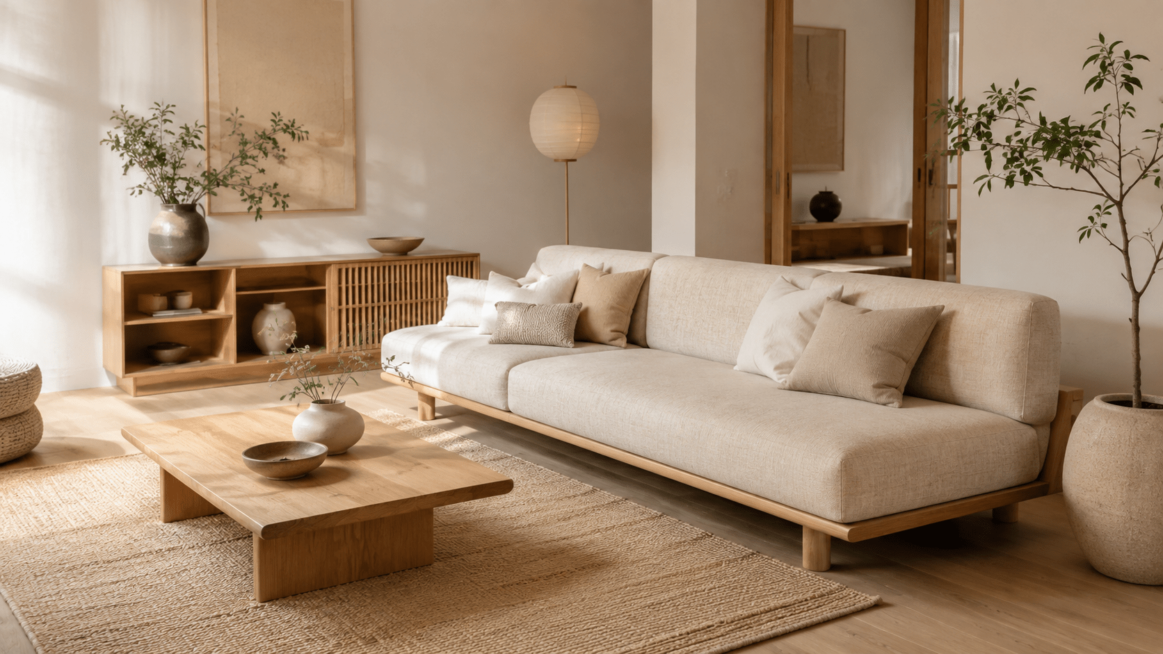 Japandi-Wohnzimmer in warmen Beige- und Naturtönen mit niedrigem Sofa auf Holzbeinen, hellem Holztisch, schlichtem Sideboard, gewebtem Teppich, dezenten Leinenkissen und grünen Pflanzen in schlichten Töpfen.
