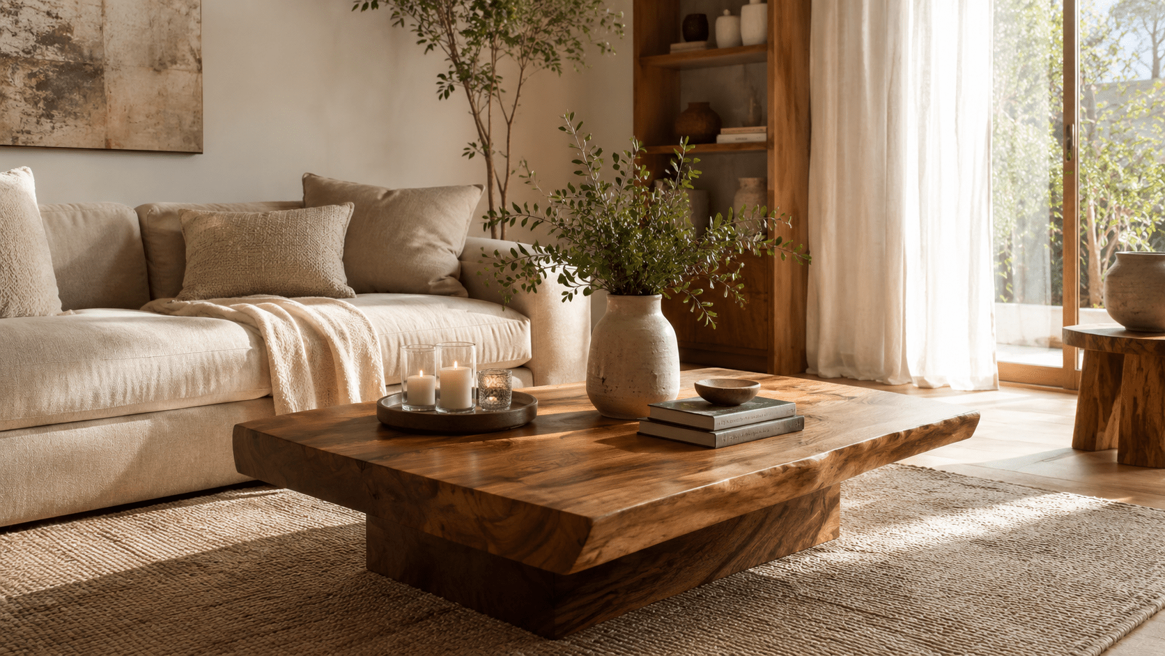 Warmes Wohnzimmer in Beige mit großem Sofa und markantem Couchtisch aus massivem Holz als Herzstück, dekoriert mit Kerzen, Büchern und einer Vase, ergänzt durch natürliche Textilien und sanftes Tageslicht.