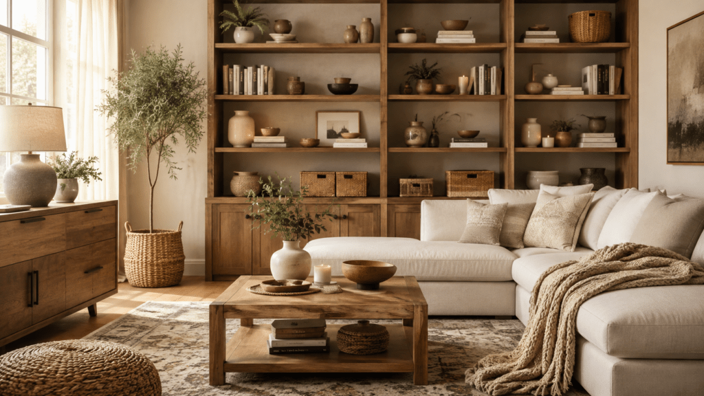 Beiges Wohnzimmer mit großem cremefarbenem Sofa, offenem Holzregal voller Bücher, Vasen, Kerzen und Körben, passendem Holzcouchtisch, Sideboard, Zimmerpflanze und warmen Naturtönen im weichen Tageslicht.

