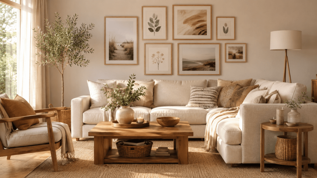 Helles Wohnzimmer in Beige mit großer Bildergalerie in schlichten Holzrahmen über dem Sofa, dazu warme Holzmöbel, naturfarbener Teppich, gemütliche Kissen und sanfte Pflanzenakzente.
