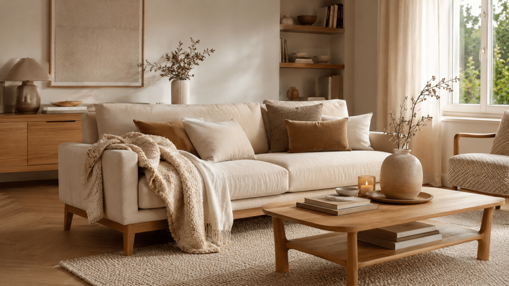 Beige Wohnzimmer mit hellem Leinen-Sofa, Samtkissen in warmen Naturtönen, kuscheligem Bouclé-Plaid und Holzmöbeln, die gemeinsam einen edlen und gemütlichen Texturenmix schaffen.
