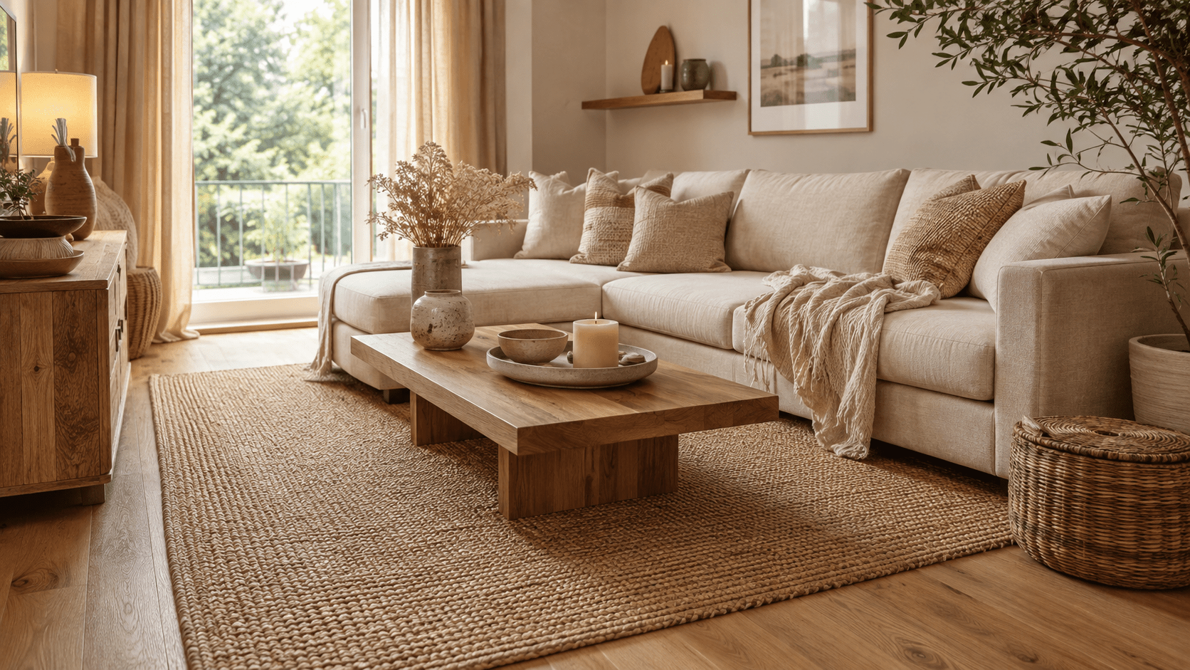 Helles Wohnzimmer in Beige und warmen Holztönen mit großem Naturfaserteppich aus Jute oder Sisal, cremefarbenem Sofa, niedrigem Holztisch, weichen Kissen, Holzsideboard und sanftem Tageslicht.
