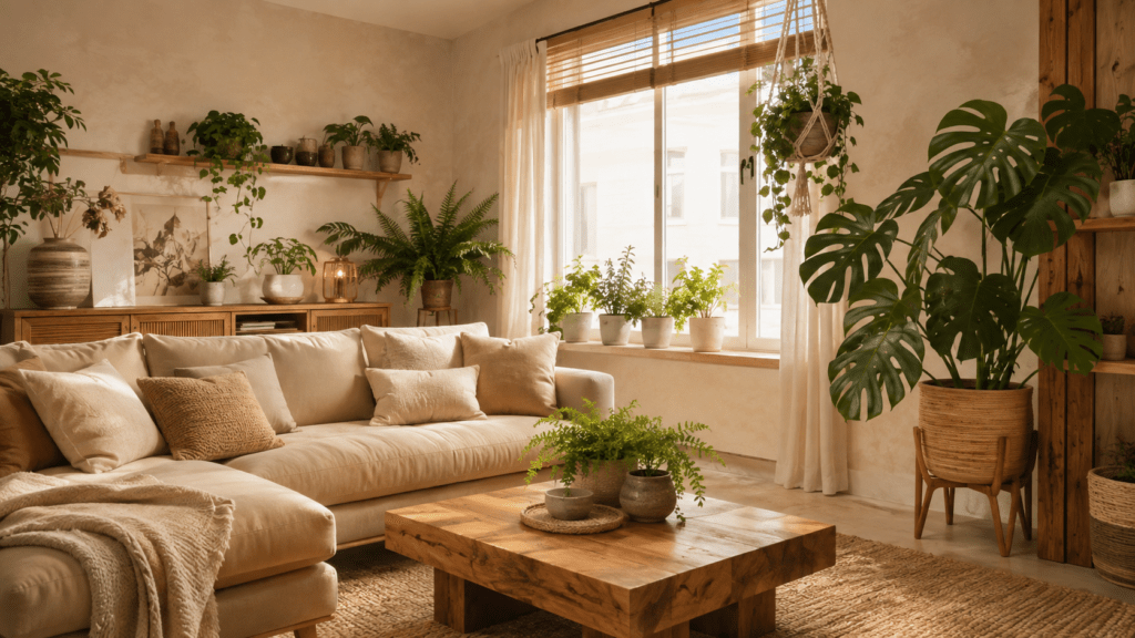 Beiges Wohnzimmer mit warmen Holzmöbeln und vielen Grünpflanzen, darunter große Monstera, Farn, hängende Pflanzen und kleine Töpfe auf Regal und Fensterbank, kombiniert mit hellem Sofa, Holztisch und naturfarbenem Teppich.
