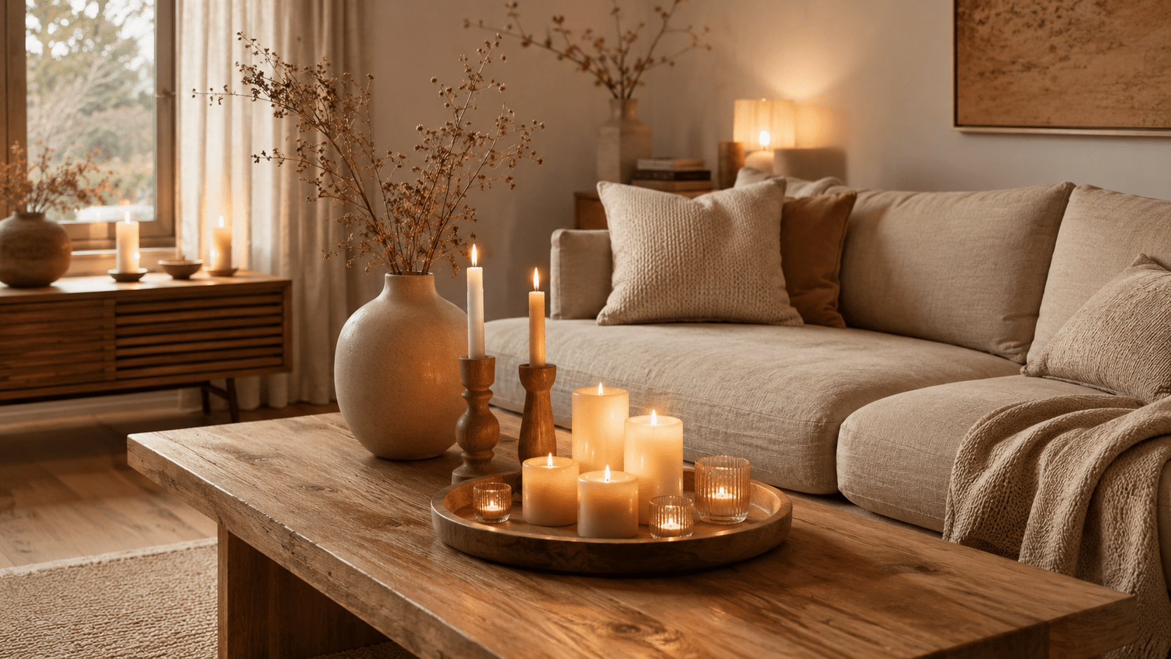 Gemütliches Wohnzimmer in Beige mit großem Holz-Couchtisch, auf dem ein rundes Holztablett mit mehreren cremefarbenen Kerzen und Holzkerzenständern arrangiert ist, ergänzt durch ein helles Sofa, weiche Textilien und warmes Licht.