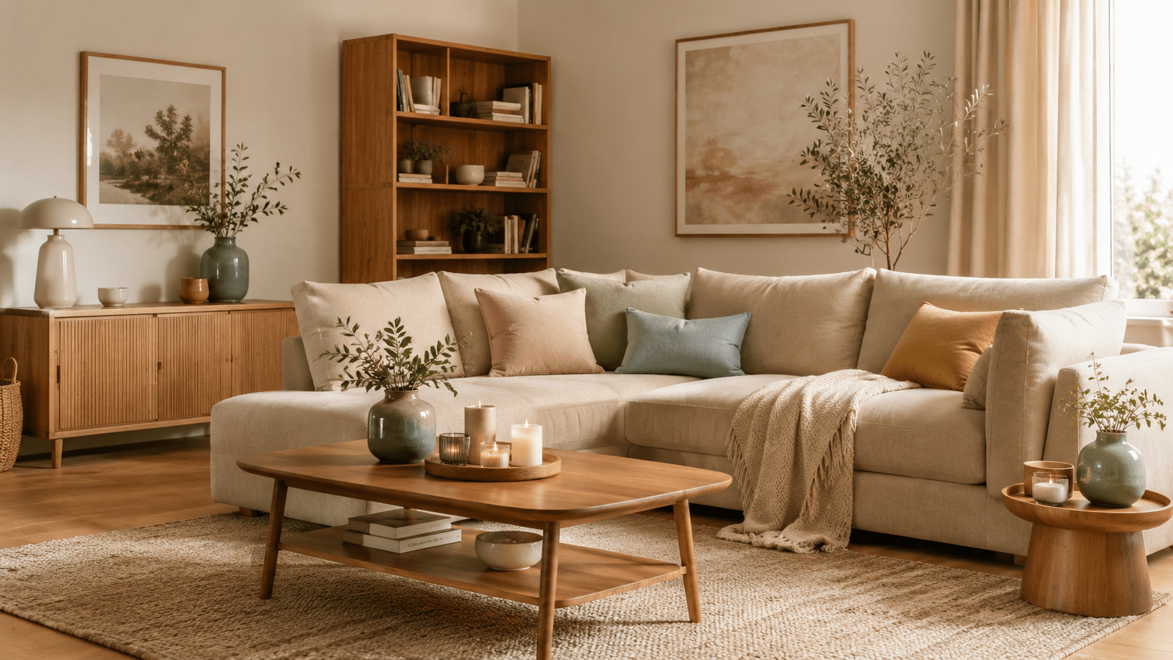 Beiges Wohnzimmer mit hellem Ecksofa, Holztisch und warmen Holzmöbeln, akzentuiert durch Kissen in Rosé, Salbeigrün, Hellblau und Senfgelb sowie dezente Vasen und Kerzen im sanften Tageslicht.
