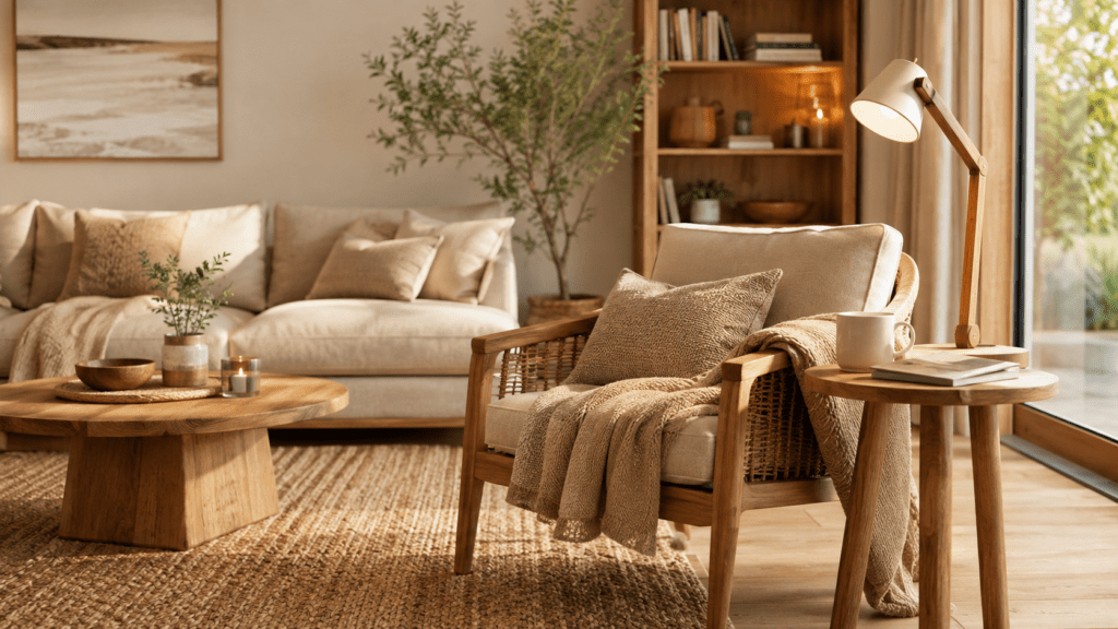 Gemütliche Leseecke im beigen Wohnzimmer mit bequemem Holzsessel, weicher Decke und Naturkissen, kleinem Holztisch mit Buch und Tasse sowie einer warmen Leselampe.