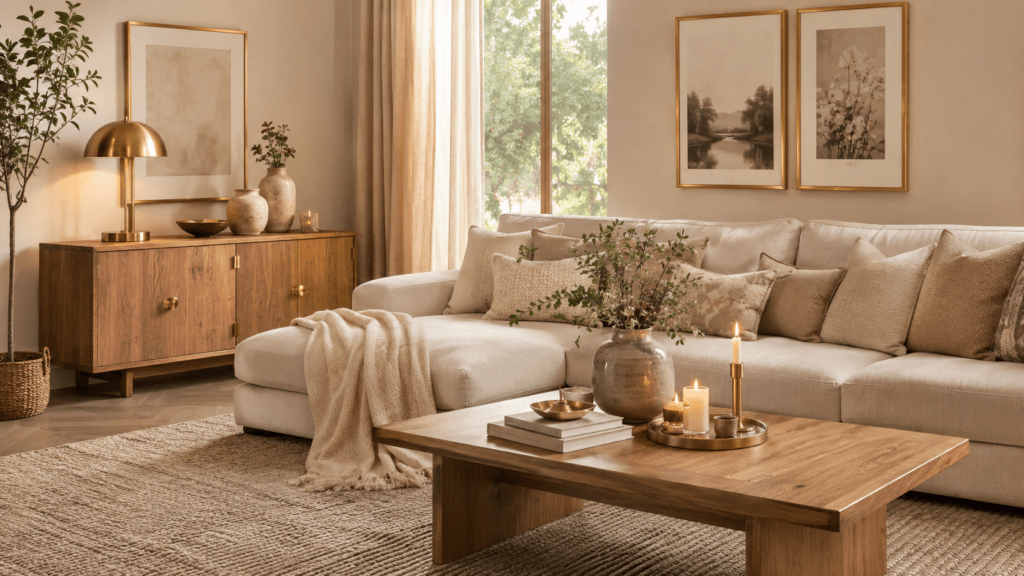 Beiges Wohnzimmer mit großem cremefarbenem Sofa, warmem Holzcouchtisch und Sideboard, goldener Tischlampe, Messingrahmen, Kerzenhaltern und dezenten Deko-Akzenten im weichen Tageslicht.
