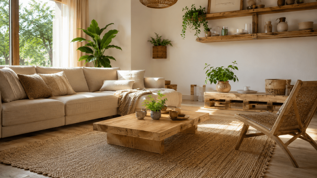 Nachhaltig eingerichtetes Wohnzimmer in Beige mit naturbelassenem Holztisch, recycelten Holzregalen, geflochtenem Sessel, hellem Sofa, Juteteppich und vielen grünen Pflanzen.
