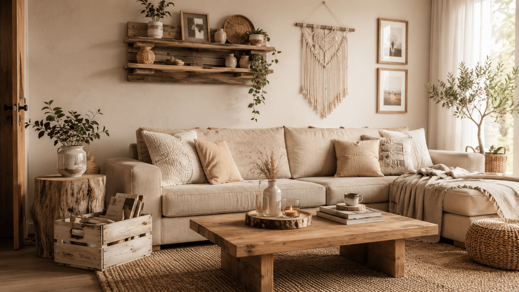 Beiges Wohnzimmer mit DIY-Holzdeko, darunter ein rustikales Wandregal aus Holzlatten, eine alte Holzkiste als Stauraum, Baumstammscheibe als Beistelltisch und Makramee-Wandschmuck für eine persönliche, natürliche Atmosphäre.