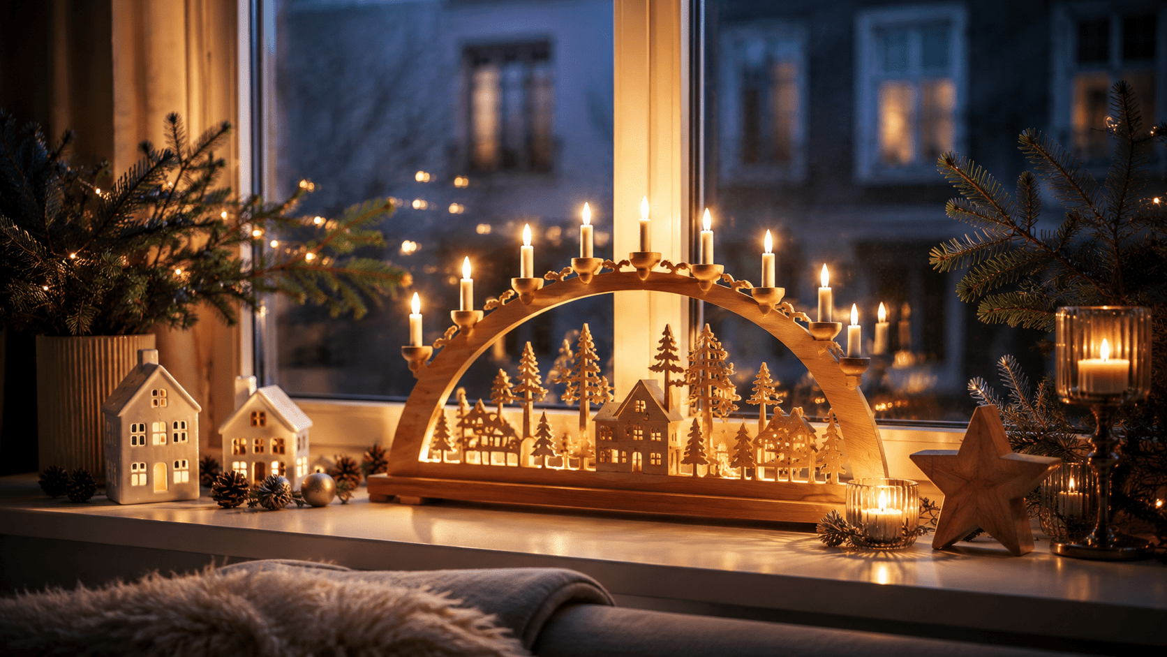 Weihnachtlich dekorierte Fensterbank mit leuchtendem Holz-Schwibbogen, Tannenzweigen, Keramikhäusern, Kerzen und warmen Lichtern vor einem winterlichen Fenster.