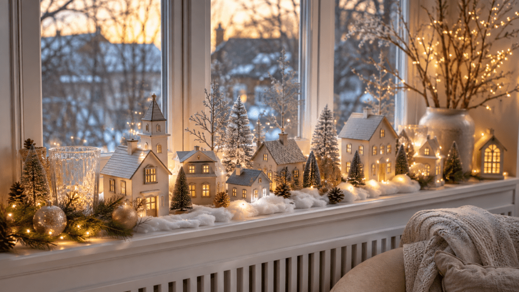 Weihnachtlich dekorierte Fensterbank mit leuchtendem Mini-Weihnachtsdorf, weißen Häuschen, Tannenzweigen, Kunstschnee und warmen Lichterketten.