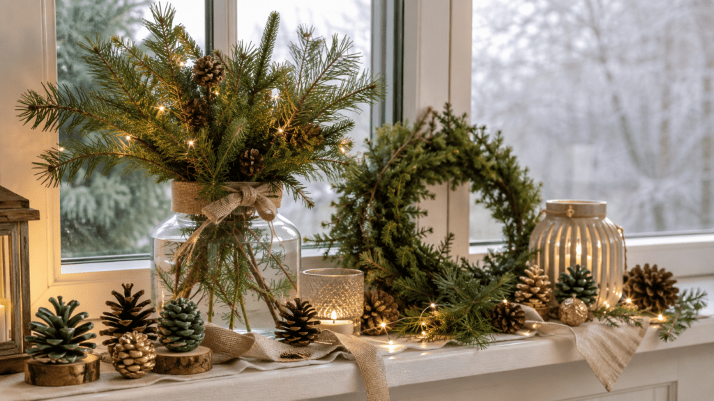 Weihnachtlich dekorierte Fensterbank mit Tannenzweigen in einer Glasvase, grünem Kranz, Tannenzapfen, Holzscheiben, Lichterkette und natürlicher Deko aus Leinen und Jute.
