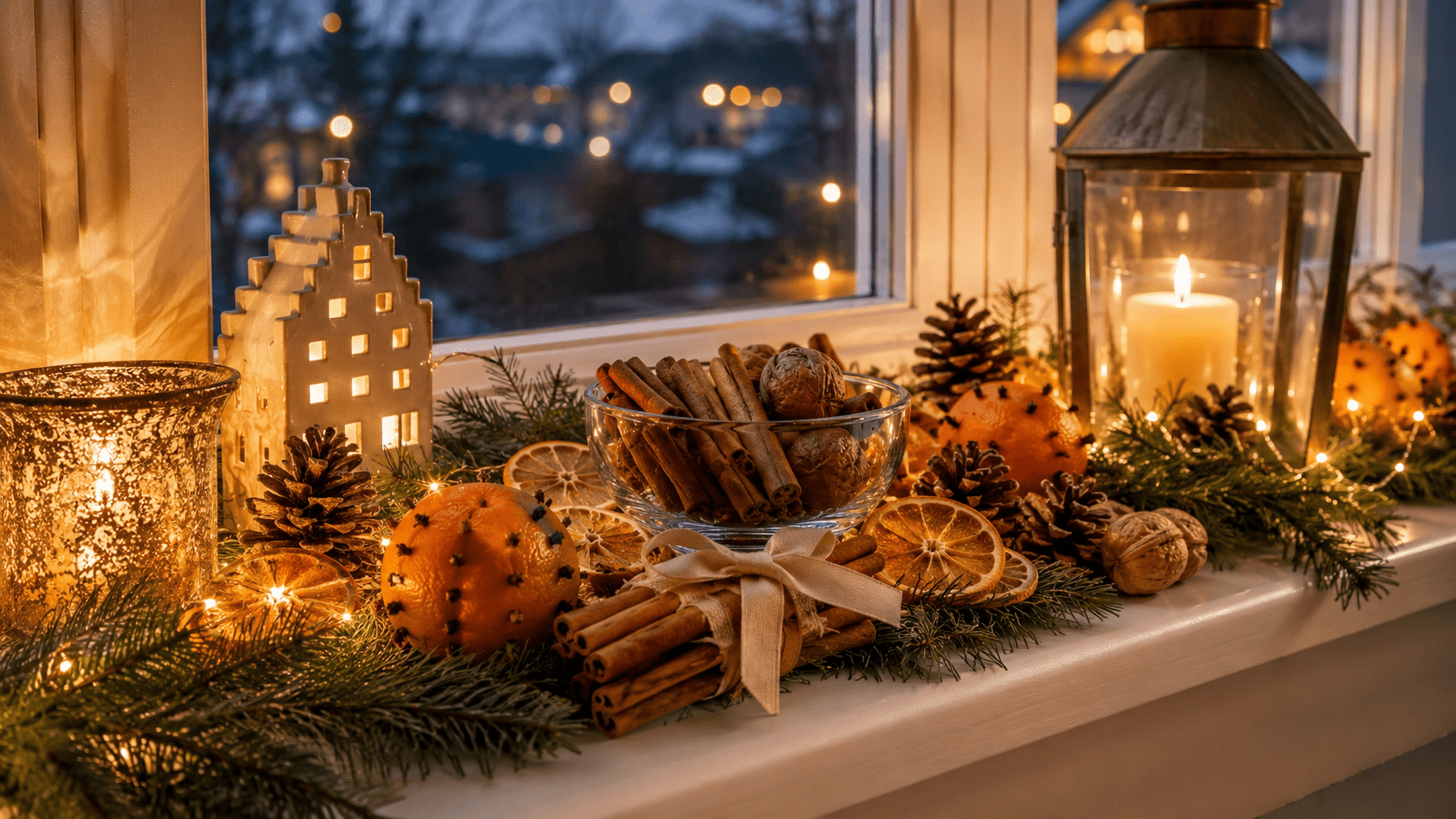 Weihnachtlich dekorierte Fensterbank mit getrockneten Orangenscheiben, mit Nelken gespickten Orangen, Zimtstangen, Walnüssen, Tannenzweigen, Kerzenlicht und warmen Lichterketten vor einem winterlichen Fenster.