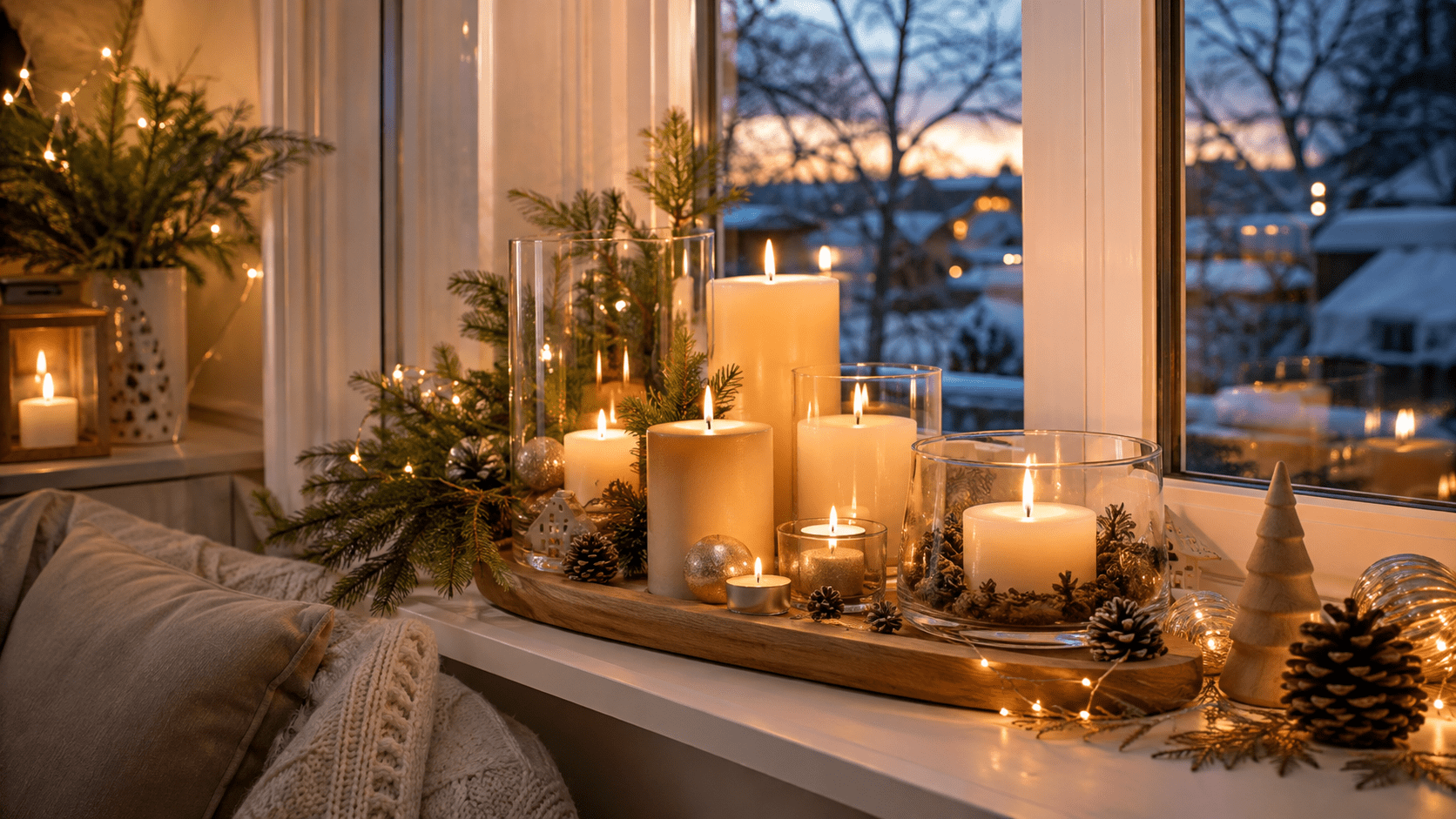 Weihnachtlich dekorierte Fensterbank mit Stumpenkerzen und Teelichtern auf einem Holztablett, umgeben von Tannenzweigen, Zapfen und warmen Lichterketten.