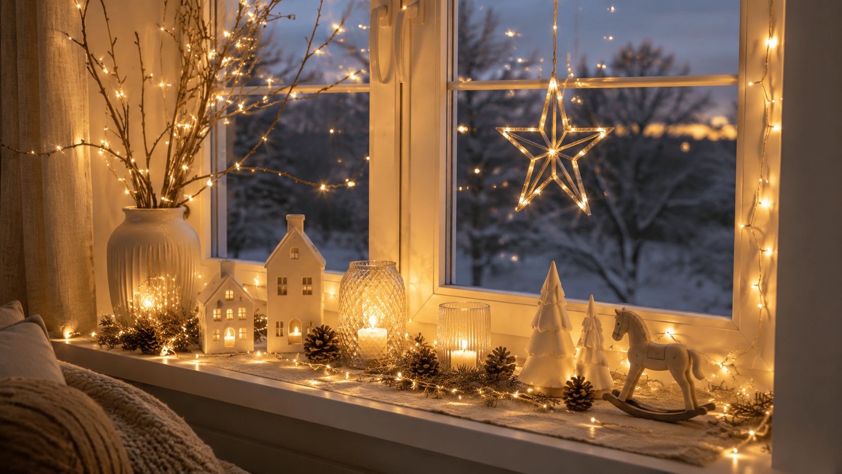 Weihnachtlich dekorierte Fensterbank mit warmweißen Lichterketten, leuchtendem Stern, beleuchteten Keramikhäusern, Zweigen, Tannenzapfen und Kerzen in gemütlicher Winterstimmung.
