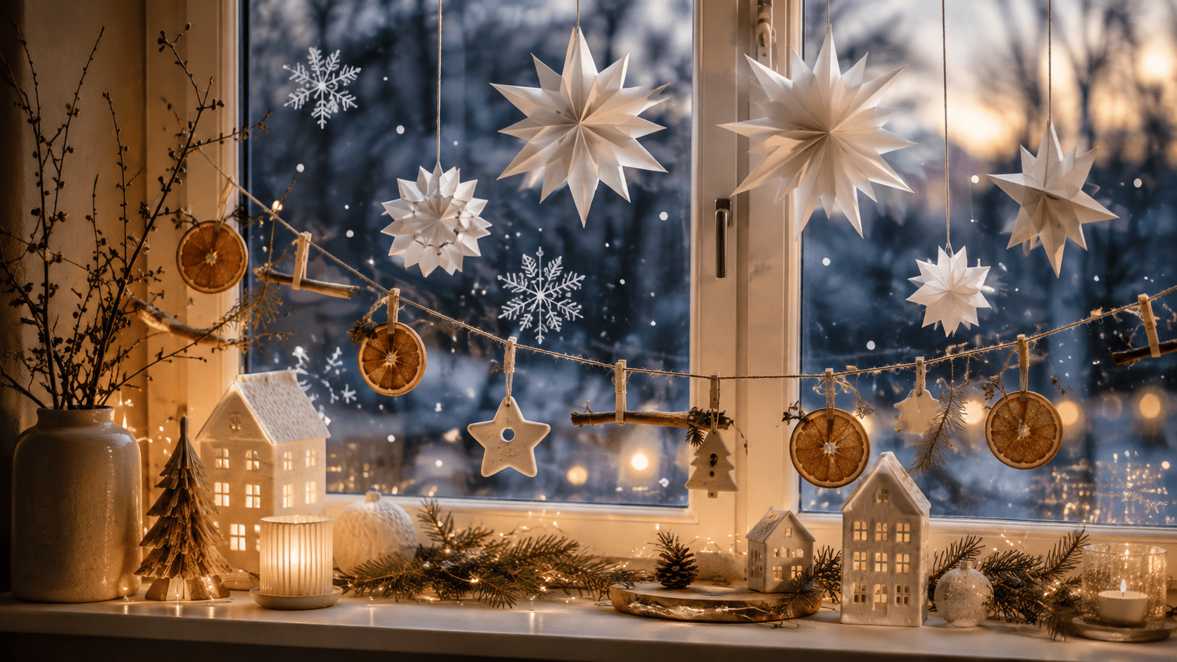 Weihnachtlich dekoriertes Fenster mit weißen Papiersternen, Girlande aus getrockneten Orangenscheiben und Anhängern, aufgemalten Schneeflocken, Keramikhäusern, Tannenzweigen und warmem Kerzenlicht auf der Fensterbank.