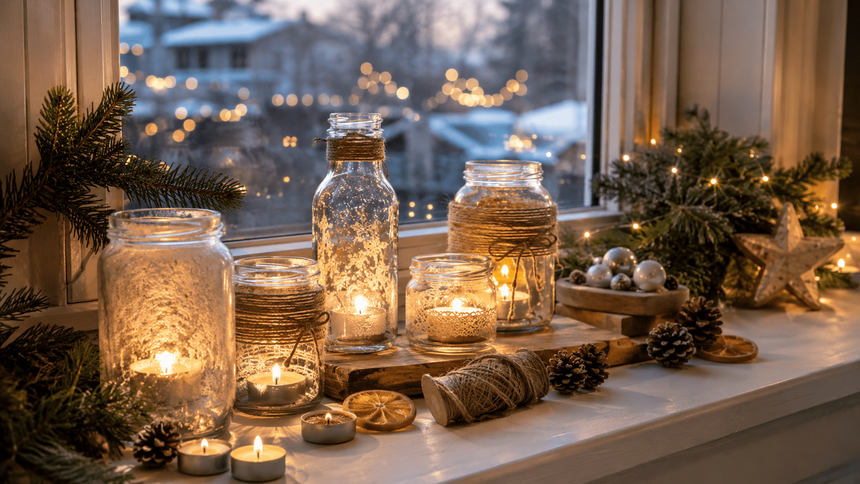 Weihnachtliche Fensterbank mit selbstgemachten Windlichtern aus Altglas, Teelichtern, Juteband, Tannenzweigen, Zapfen und warmen Lichterketten.